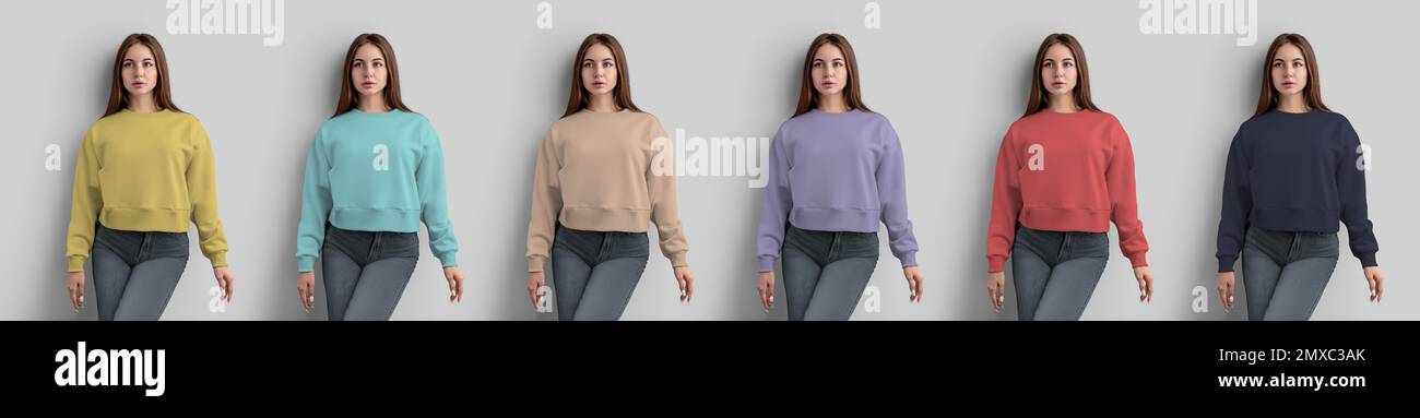 Mockup of colored crop sweatshirt on a girl, for design, print, advertising, fashion clothes front. Template casual wear, shirt on woman, isolated on Stock Photo