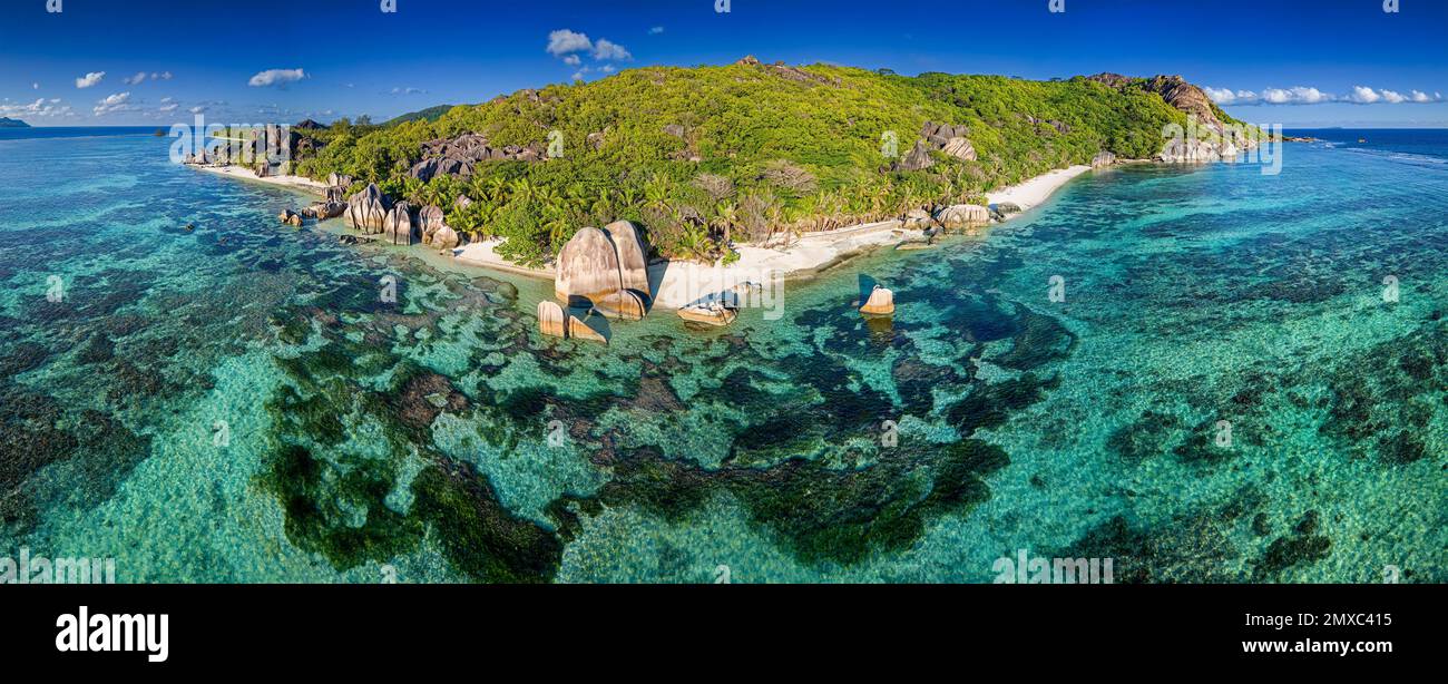 Aerial panoramic view of Beach Anse Source d'Argent, La Digue, Seychelles Stock Photo