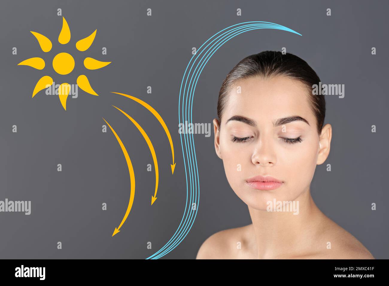Illustration of sun protection layer and beautiful young woman with