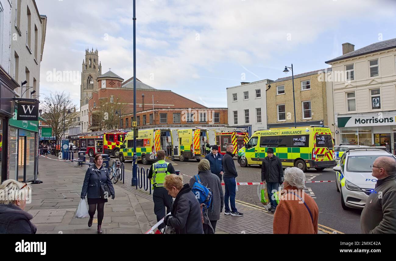 ambulances and fire engines were at the scene after a car drove through a shop window in the town center Stock Photo