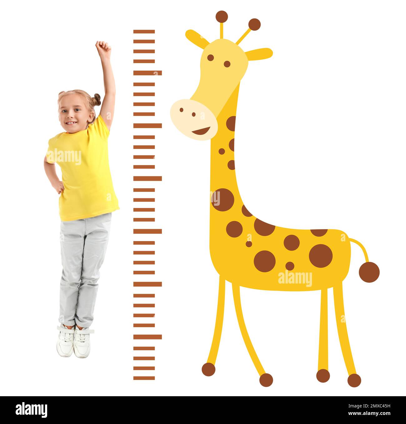 Man, Woman, Girl Measuring Height With Giraffe, Tall, Healthy