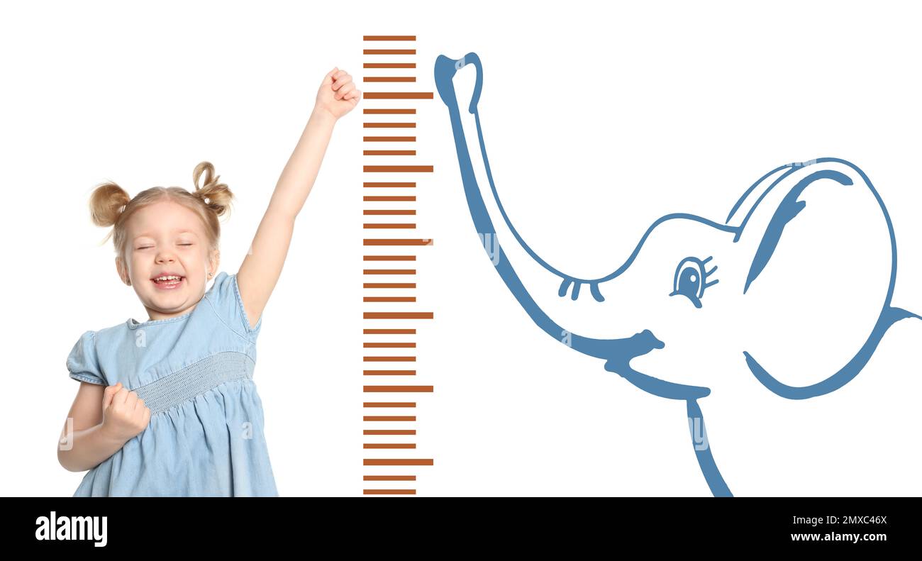 Little girl measuring height and drawing of elephant on white