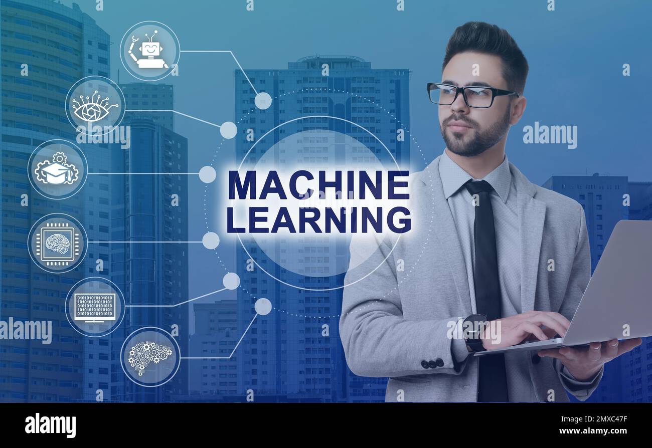 Young businessman using laptop with machine learning model and cityscape on background Stock Photo