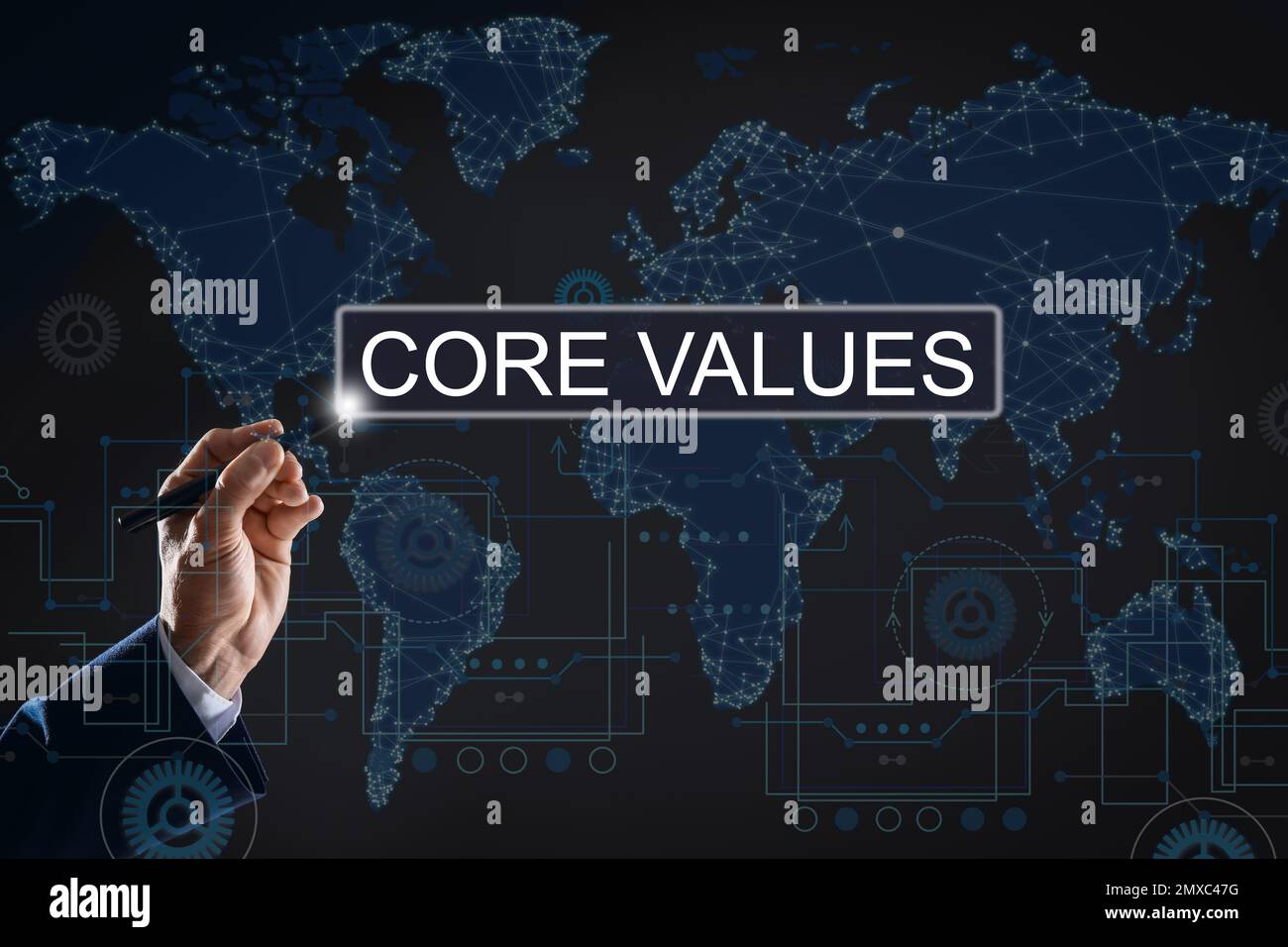 Core values concept. Businessman using virtual screen Stock Photo