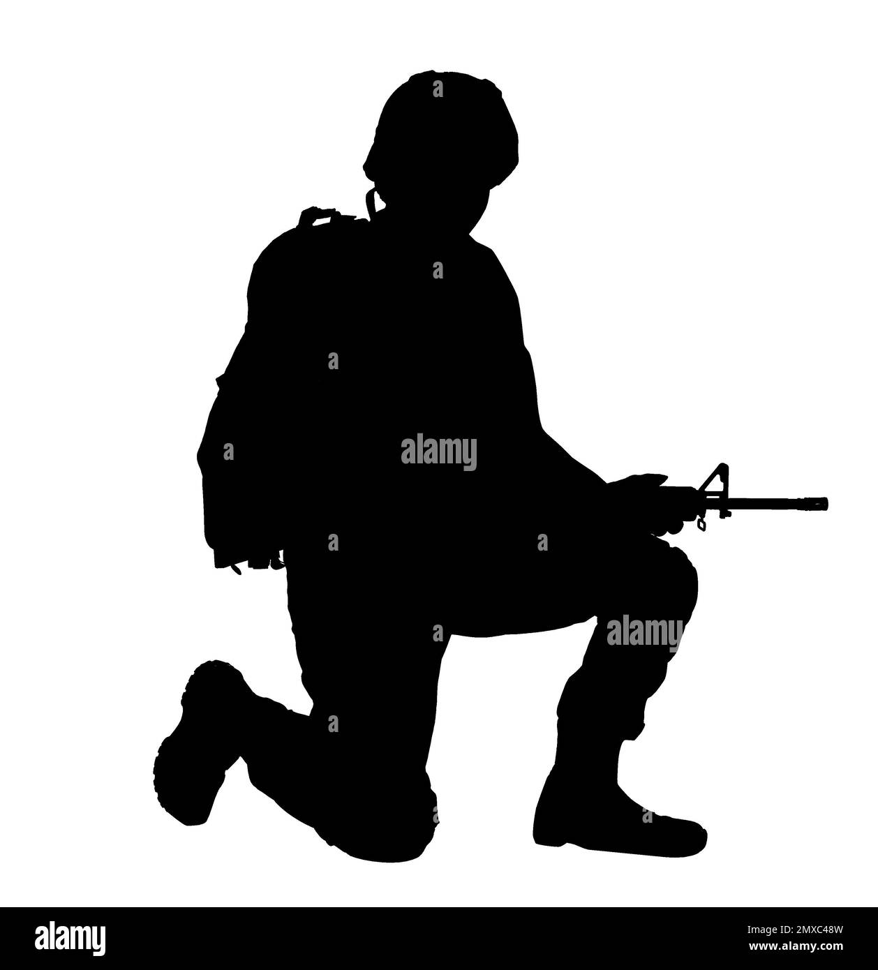 Silhouette of soldier with assault rifle on white background. Military ...