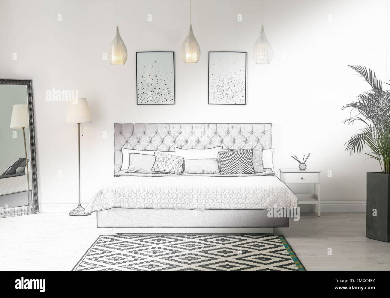 Modern comfortable bedroom with mirror. Illustrated interior design ...