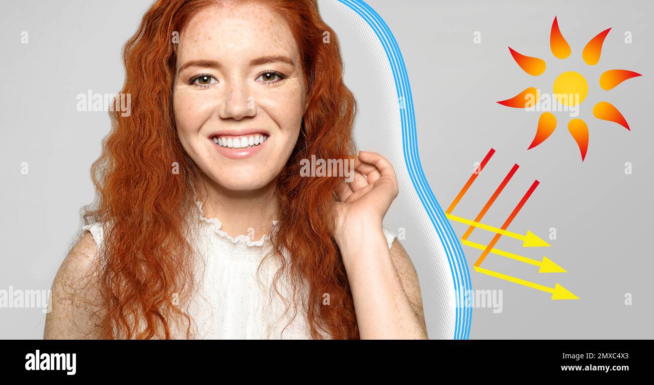 Illustration of sun protection layer and beautiful young woman with