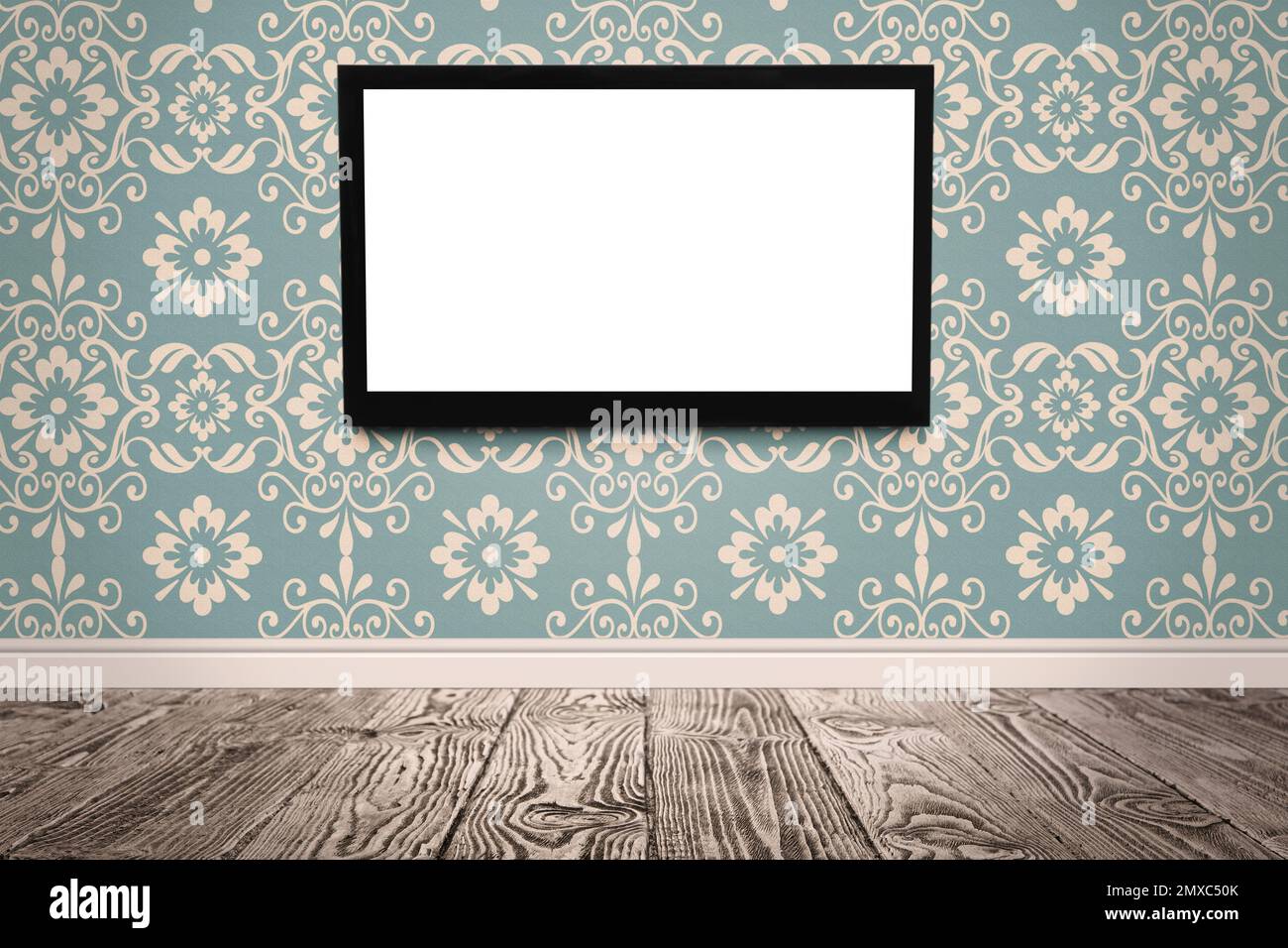 Modern TV on color wall in room. Space for design Stock Photo - Alamy