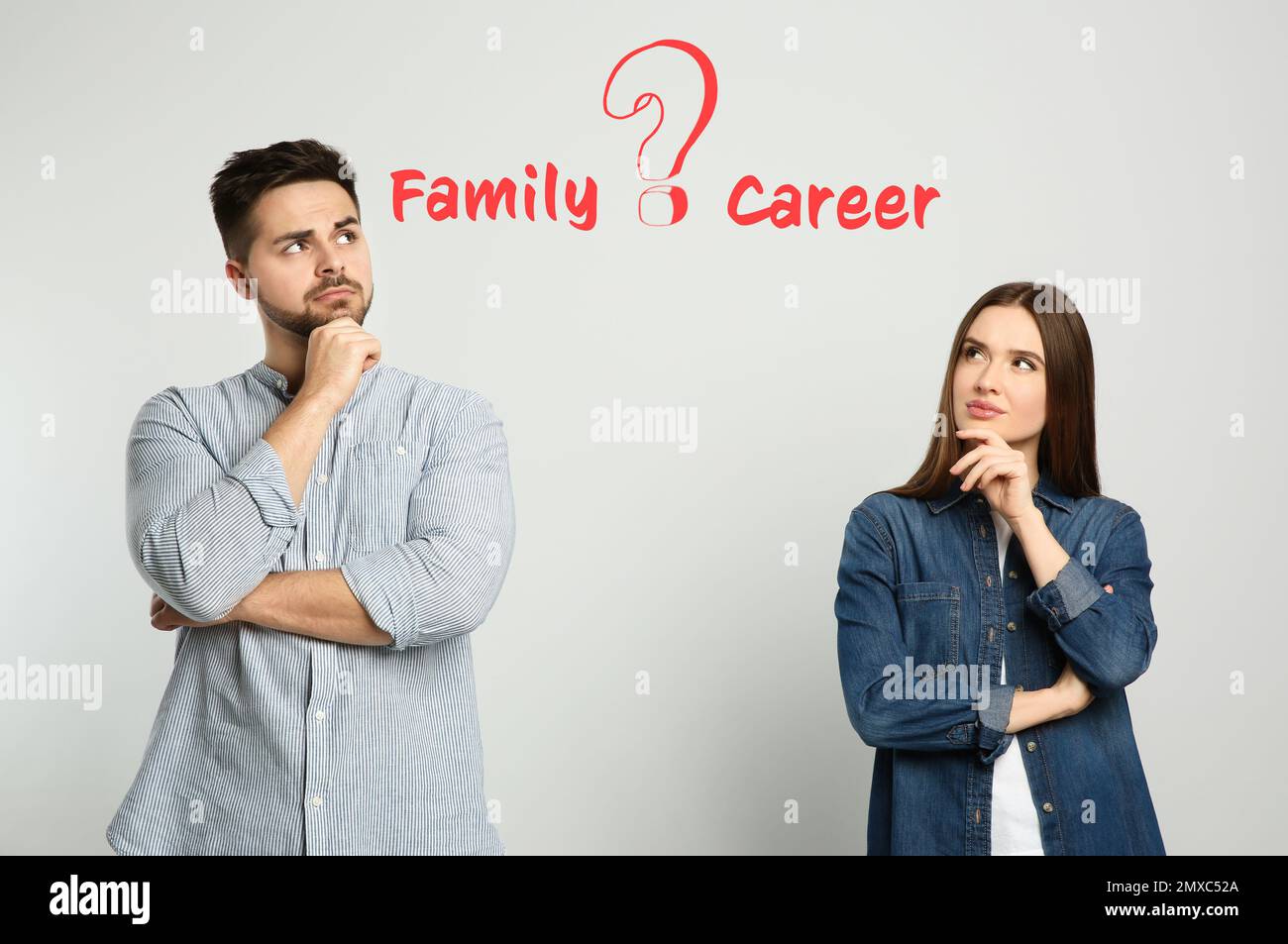 Life balance. Thoughtful couple making choice between family and work ...