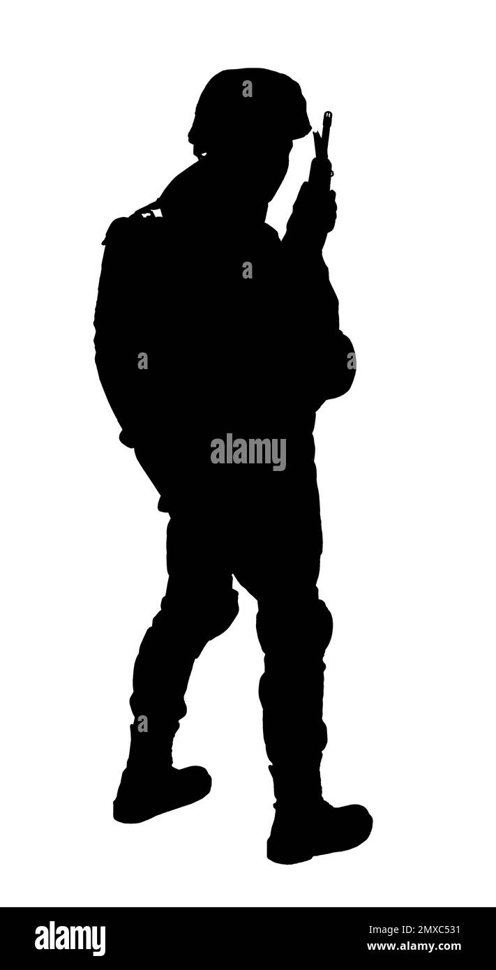 Silhouette of soldier with assault rifle on white background. Military ...