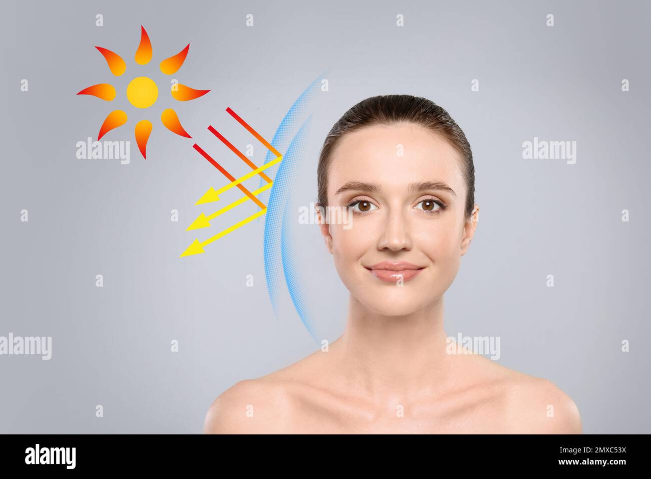 Illustration of sun protection layer and beautiful young woman with