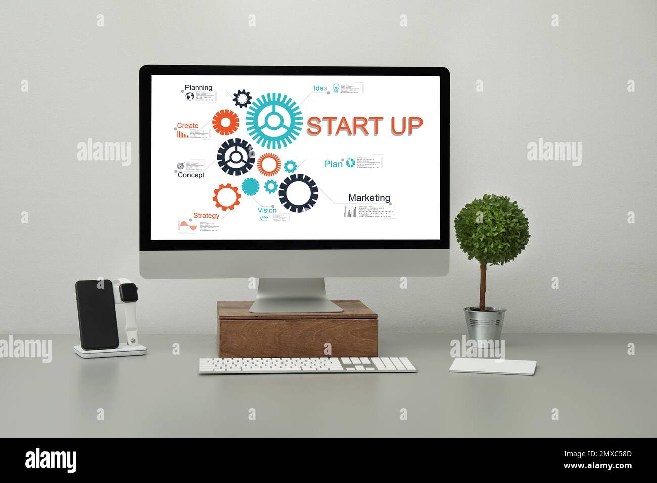 Startup business concept. Computer with illustration of digital ...