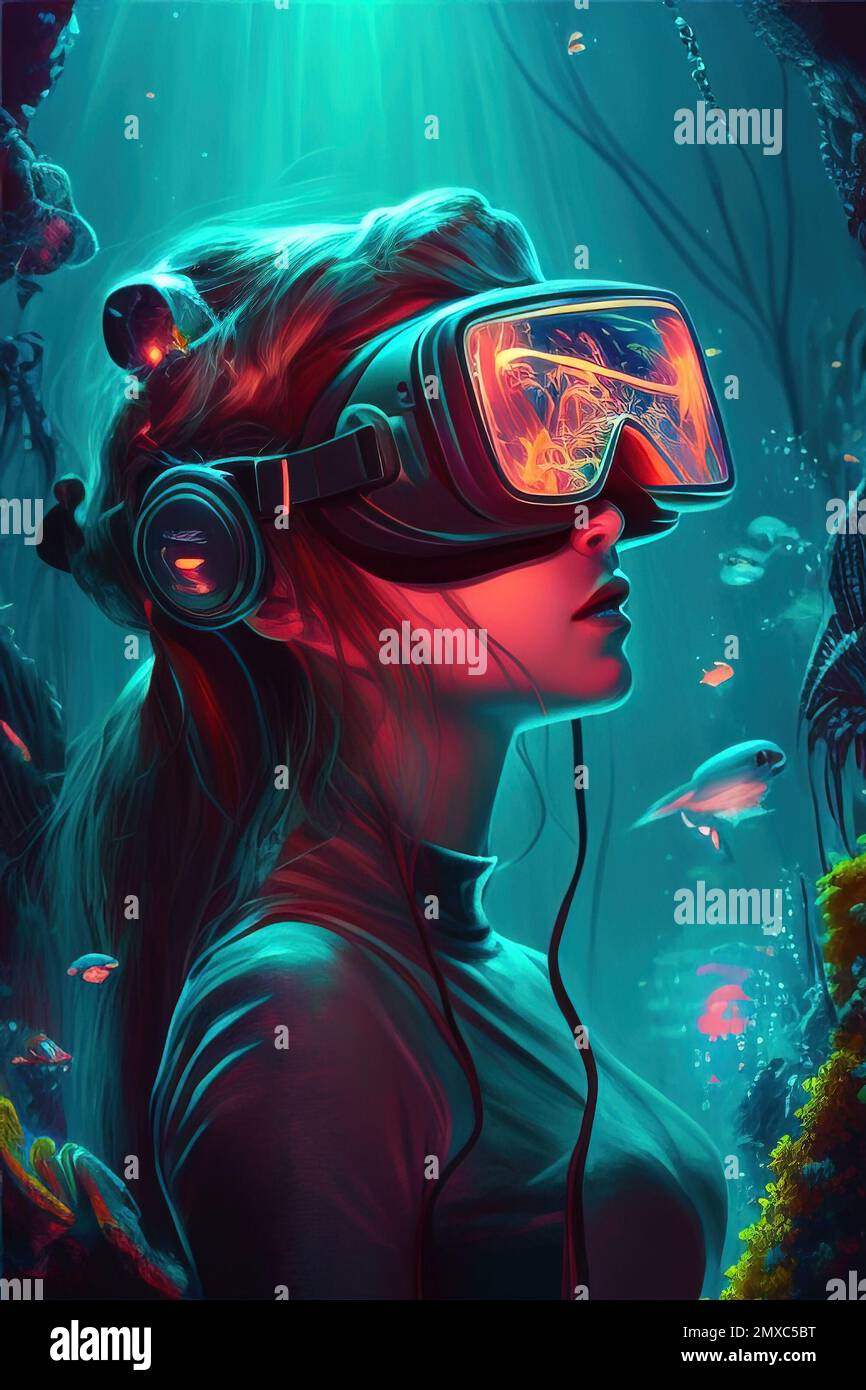 Girl in VR headset in underwater fantasy world , cyber world, virtual reality, digital technology generative AI Photo - Alamy