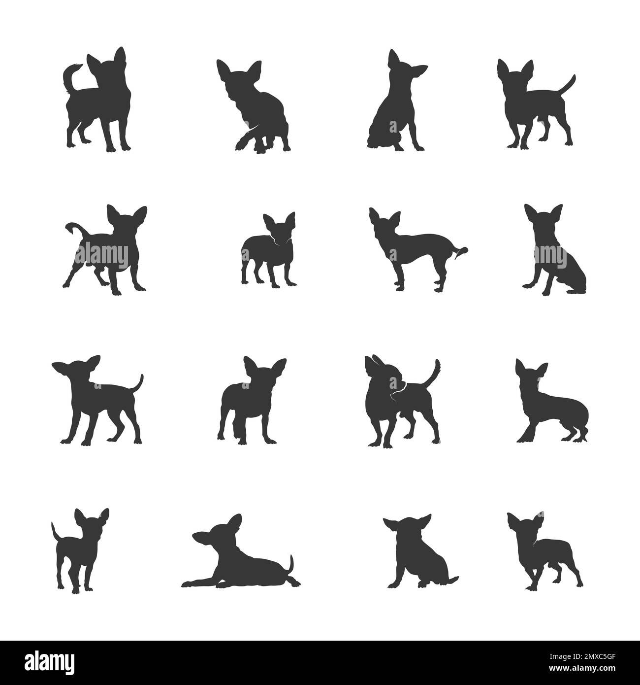 Chihuahua dog silhouettes, Chihuahua dog silhouette set Stock Vector