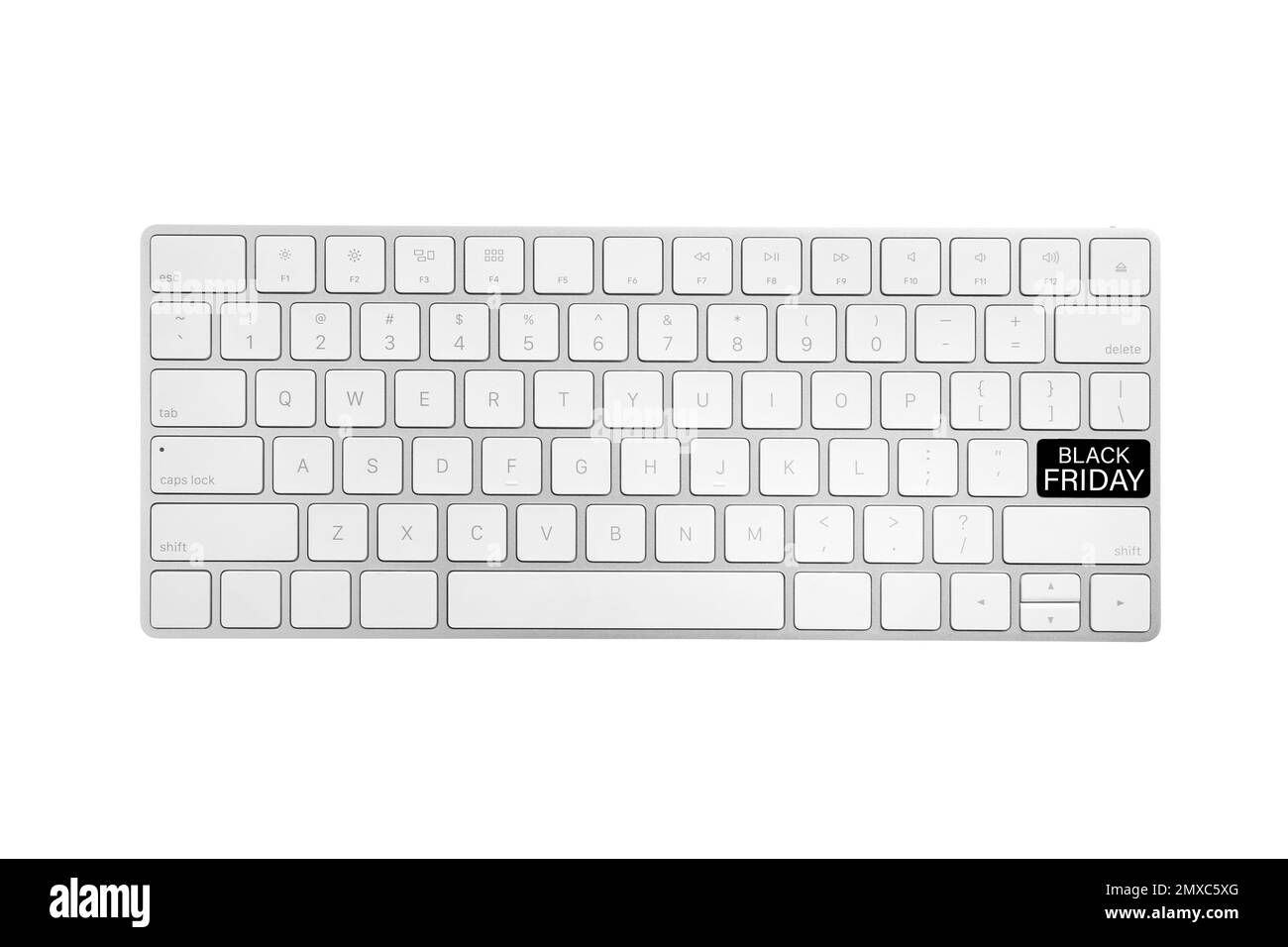 Computer keyboard with Black Friday button, top view. Online shopping Stock Photo