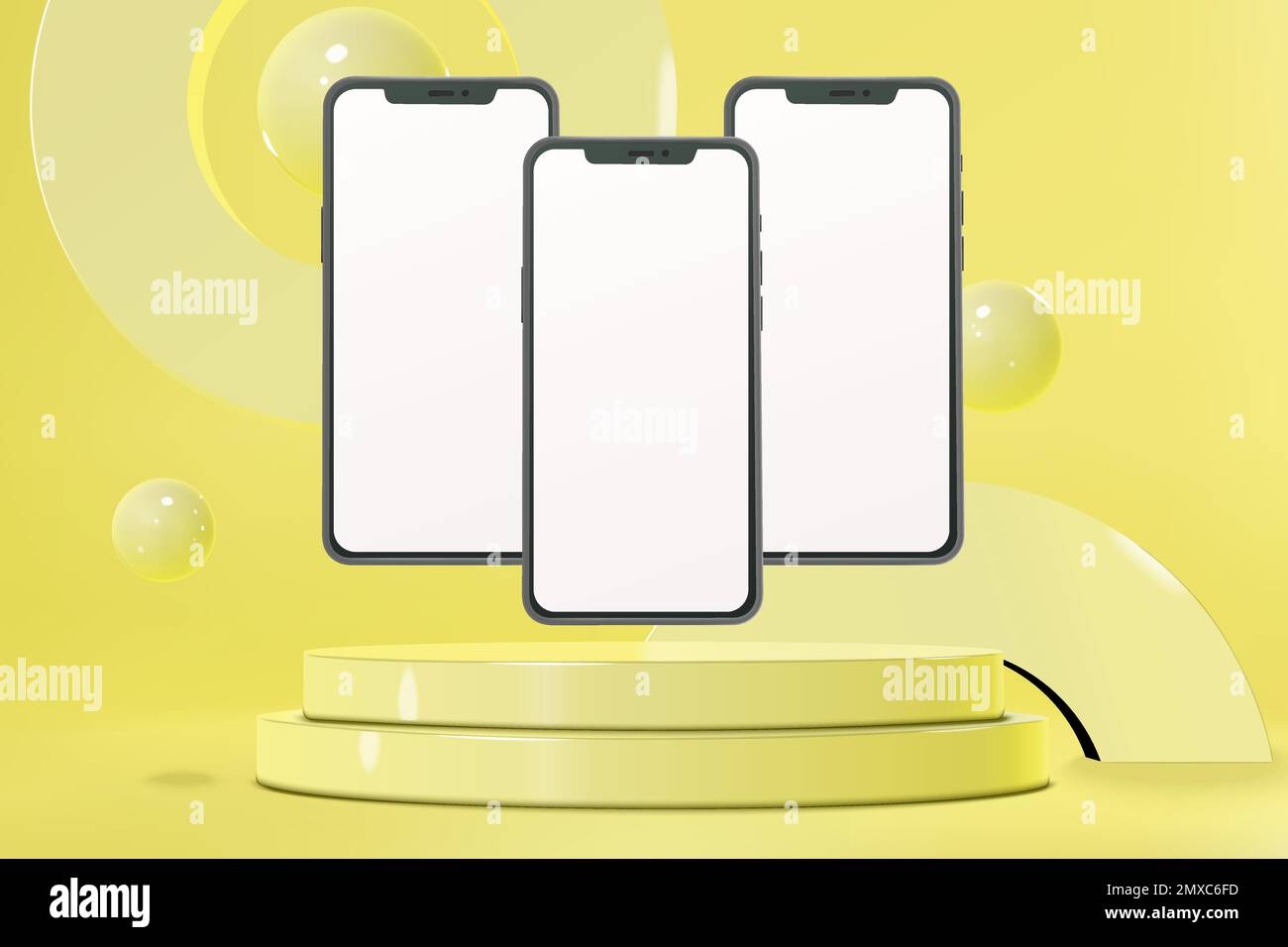 Vector podium presentation scene with smartphone mockups bright presentation Stock Vector