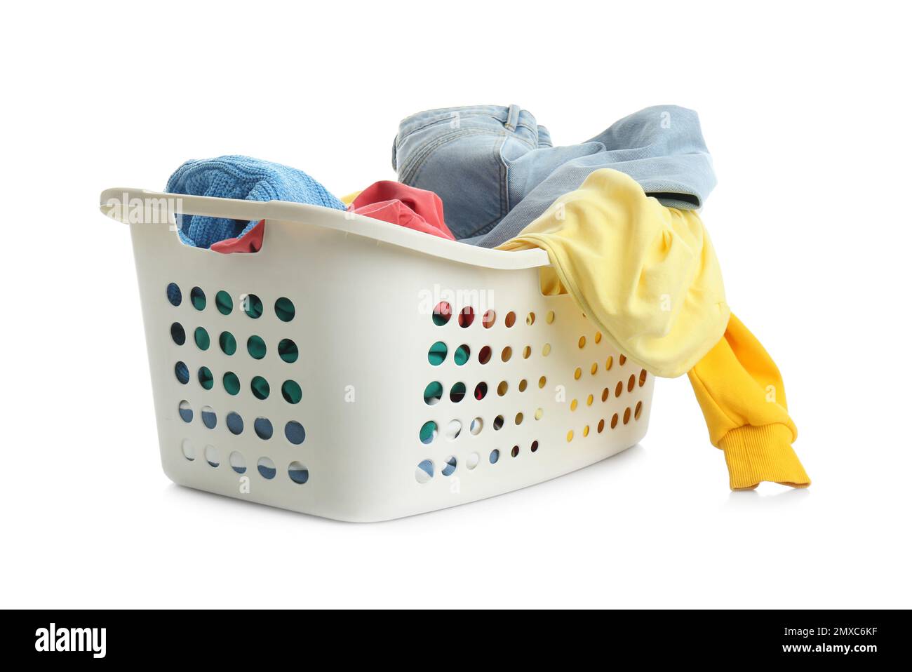 Laundry basket with clothes isolated on white Stock Photo Alamy