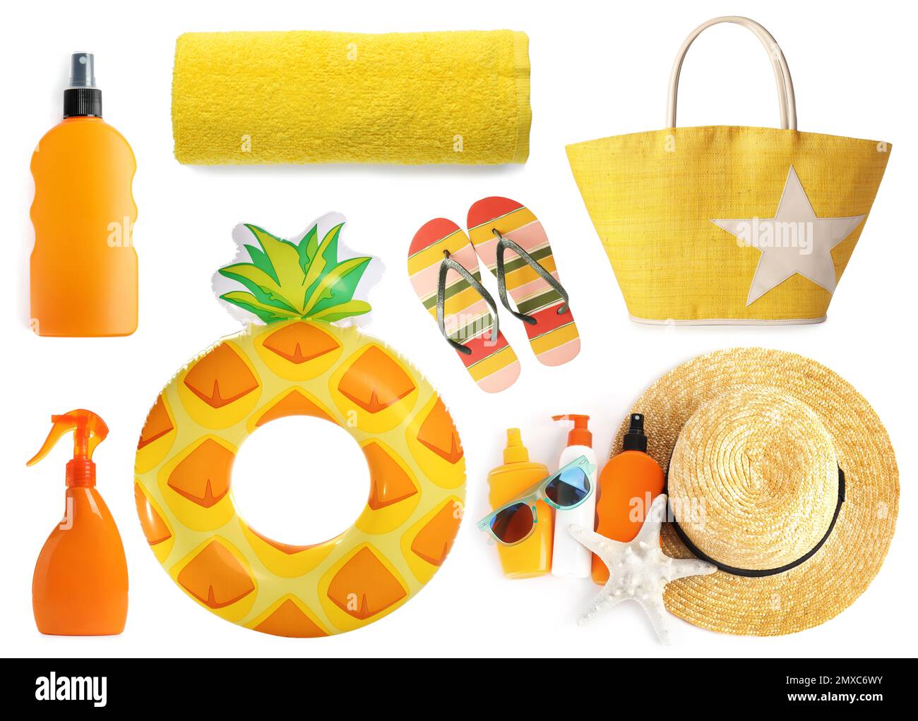 Set of different stylish beach objects on white background Stock Photo