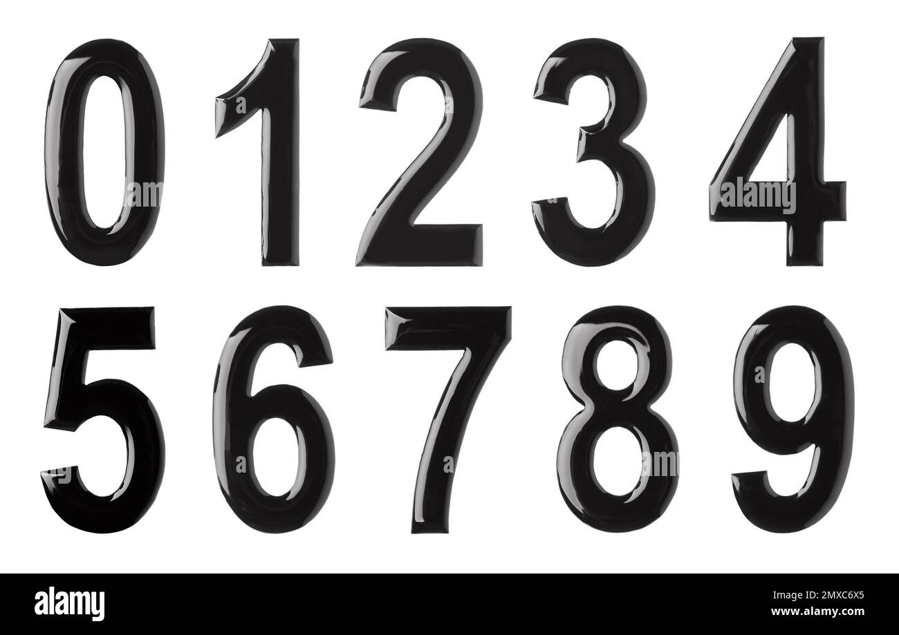 Digits from 0 to 9 made of melted chocolate on white background stock
