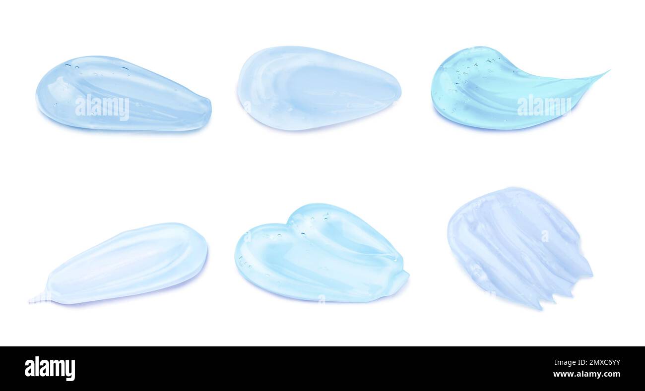 Set with samples of cosmetic gel on white background Stock Photo - Alamy