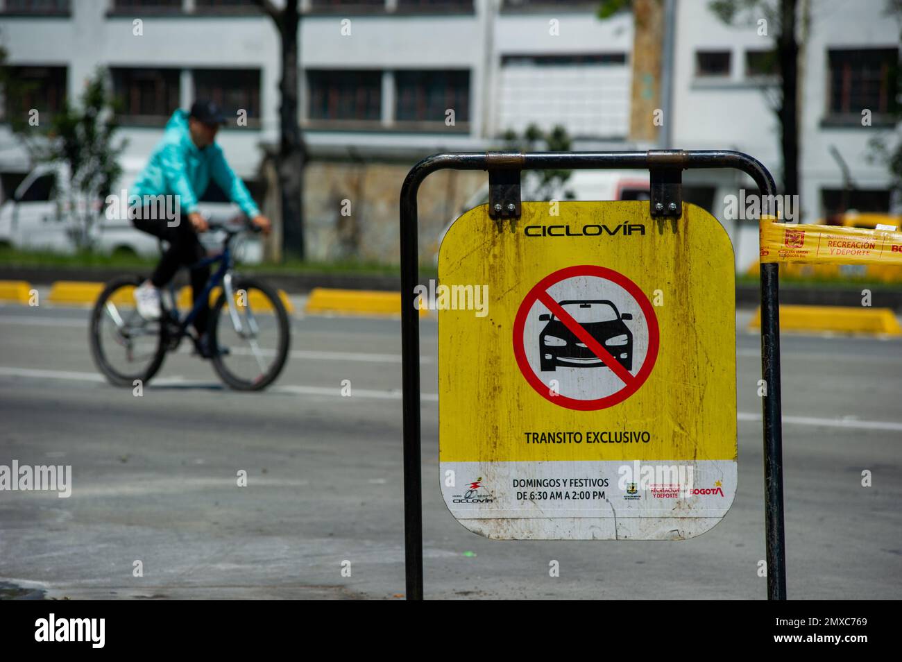 People commute in the bicycles during the 'No Car Day' in Bogota, Colombia in which private cars and vehicles including motorcicles are banned to improve the cities air and pollution, on February 2, 2023. Photo by: Chepa Beltran/Long Visual Press Stock Photo