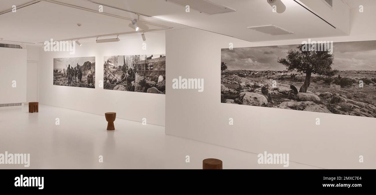 Panoramic photographs by Israeli art photographer Pavel Wolberg displayed during his solo exhibition entitled 'Panoramas' at the CCA Center for Contemporary Art in Tel Aviv, Israel Stock Photo