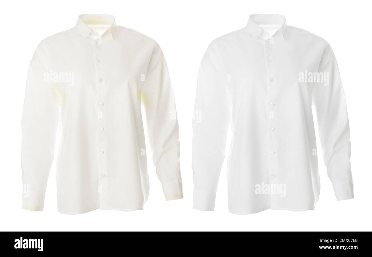 Stylish shirt before and after drycleaning on white background Stock