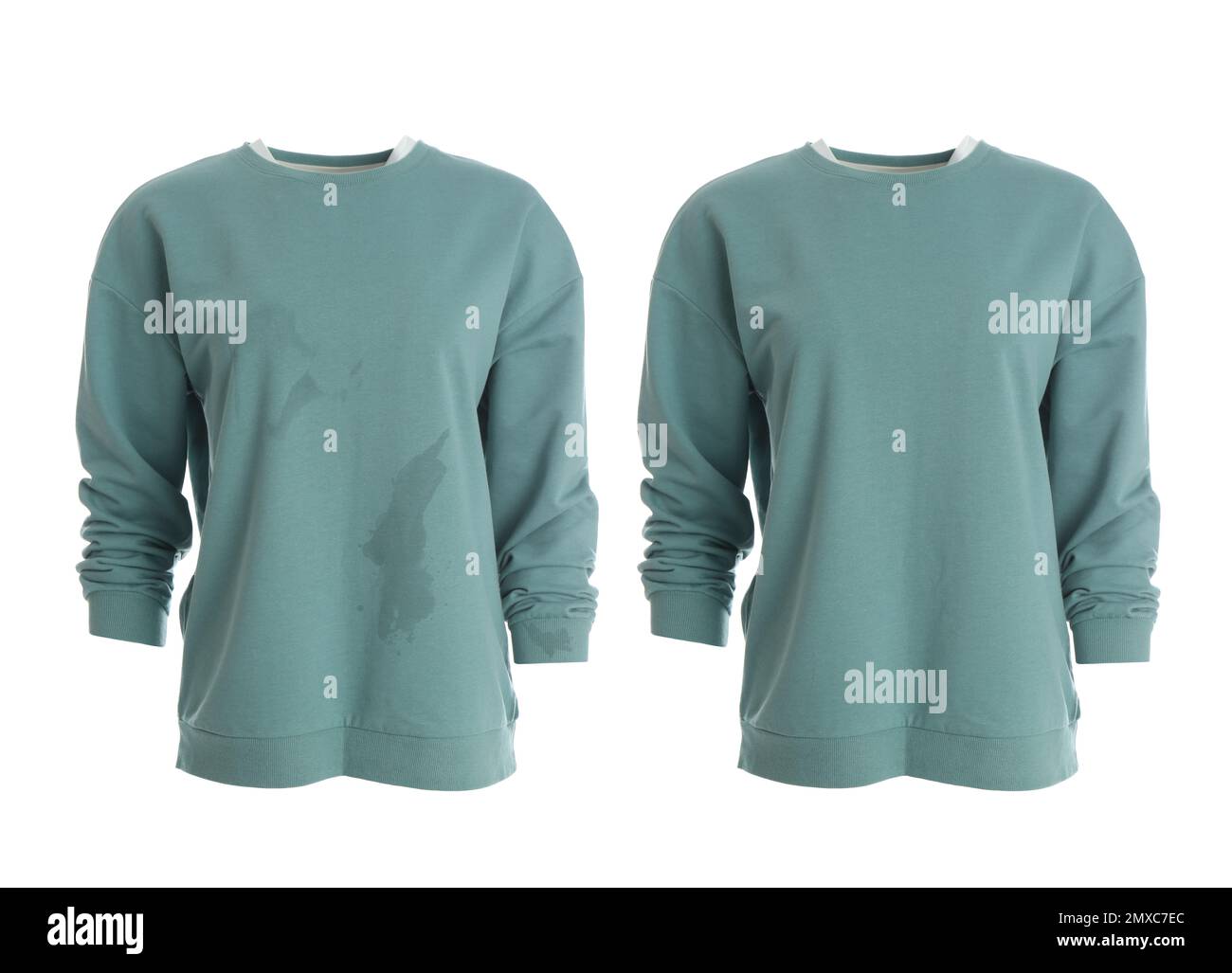 Stylish sweater before and after drycleaning on white background Stock