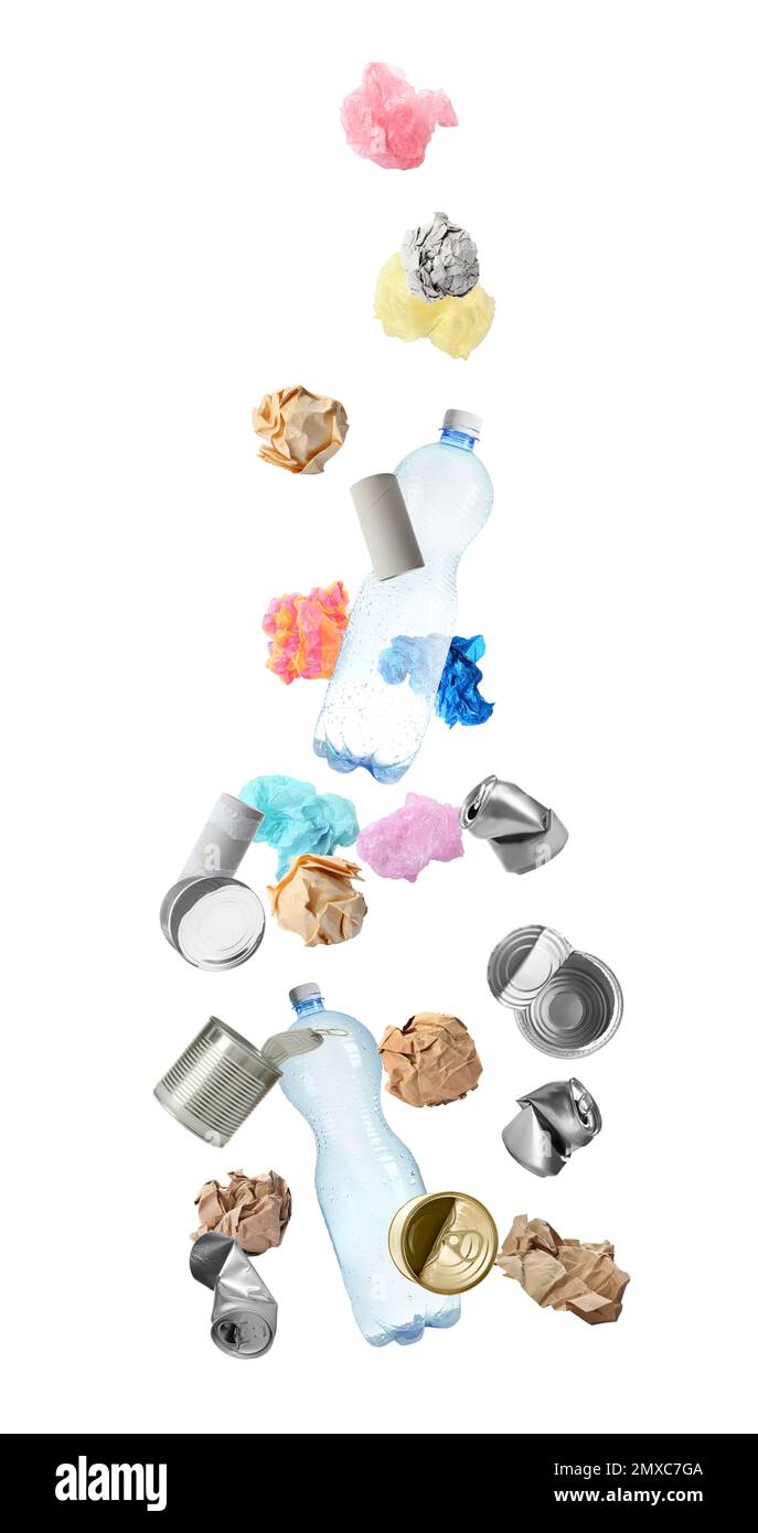 Set of different falling garbage on white background. Waste management ...