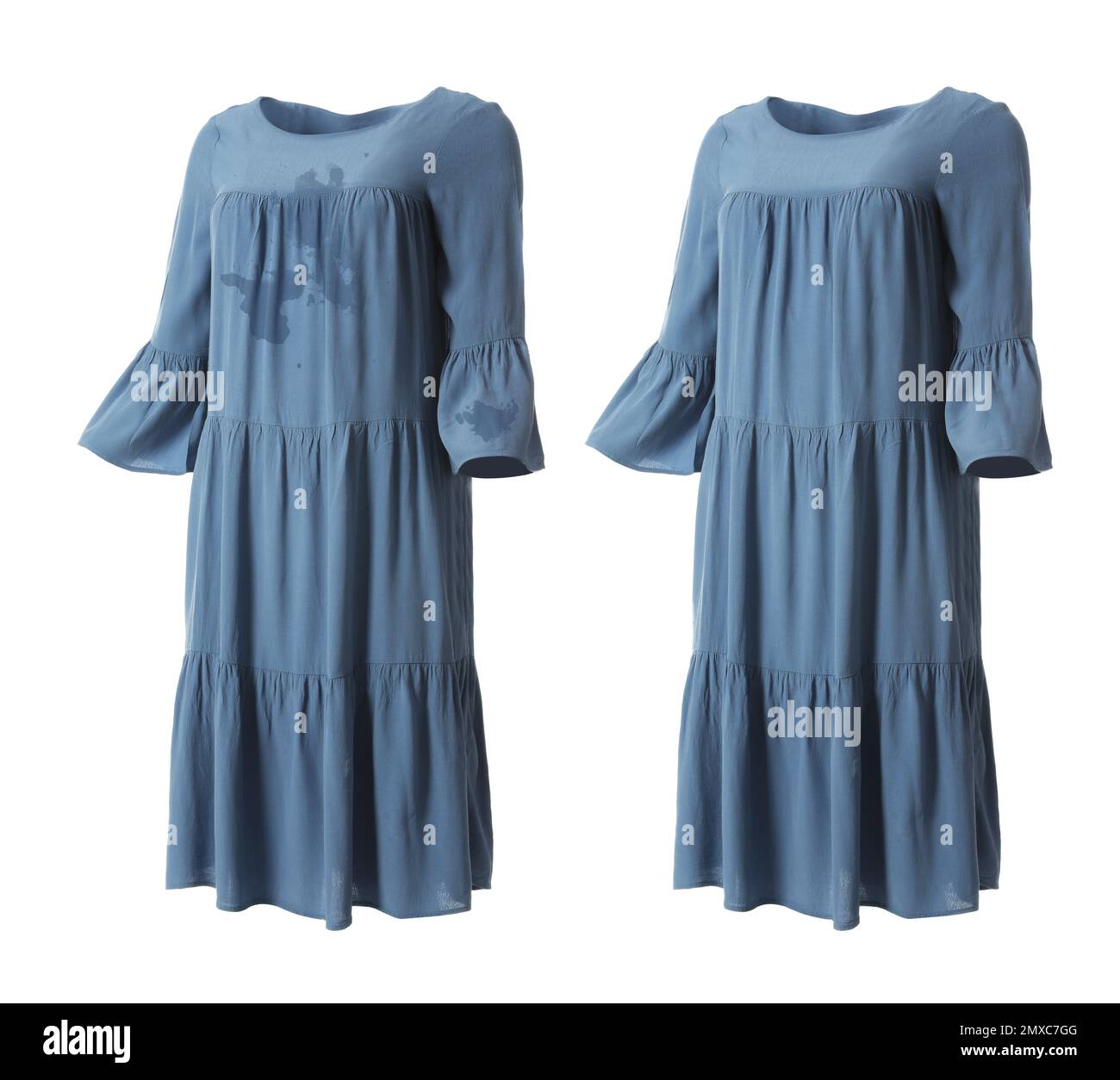 Stylish dress before and after drycleaning on white background Stock