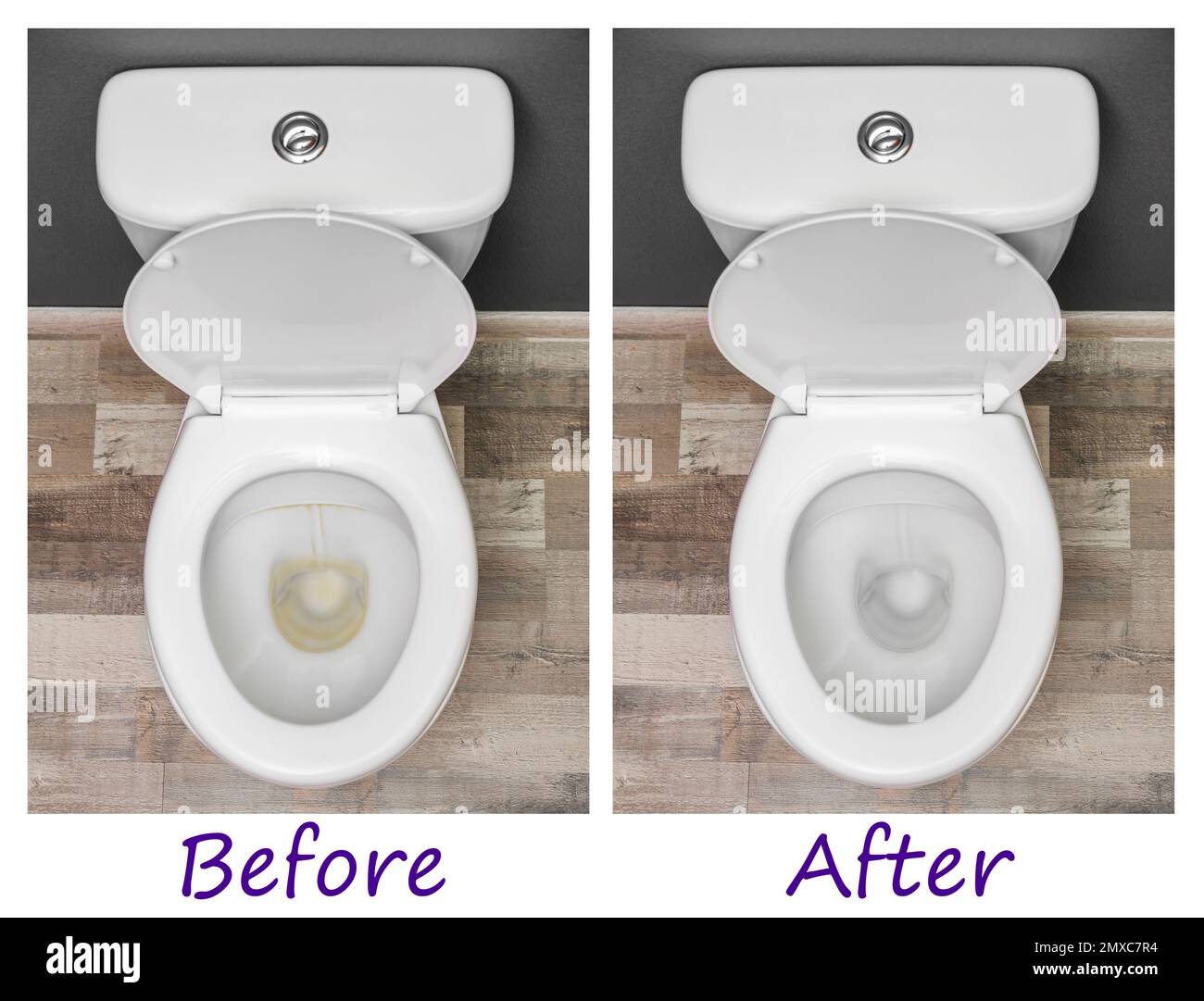 Toilet bowl before and after cleaning indoors, top view Stock Photo Alamy
