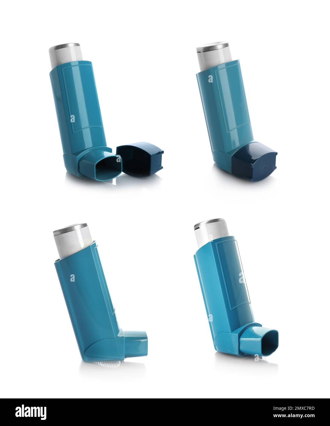 Set with portable asthma inhalers on white background Stock Photo Alamy
