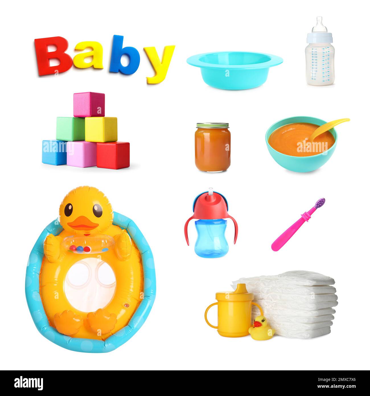 Set with different baby accessories on white background Stock Photo Alamy
