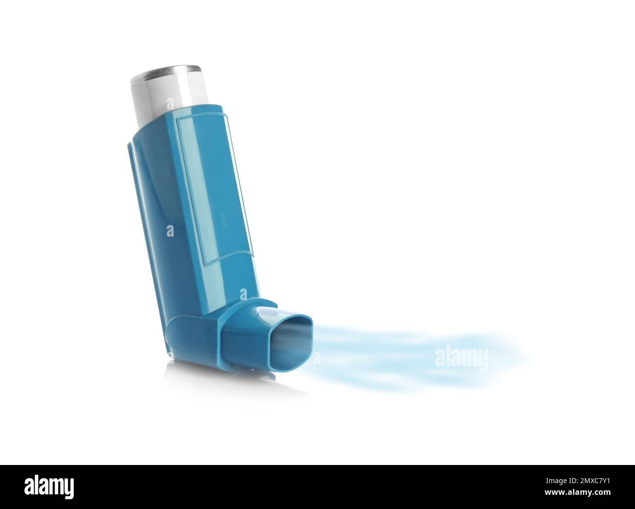 Portable asthma inhaler device with steam on white background Stock