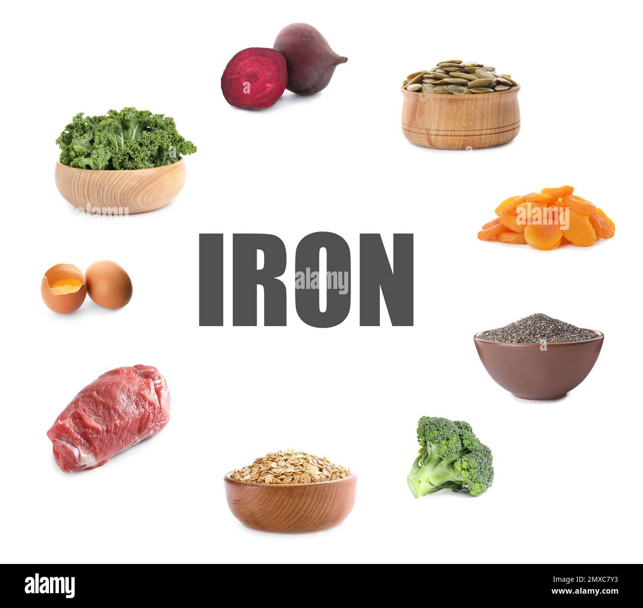 Set with fresh products rich in iron on white background Stock Photo