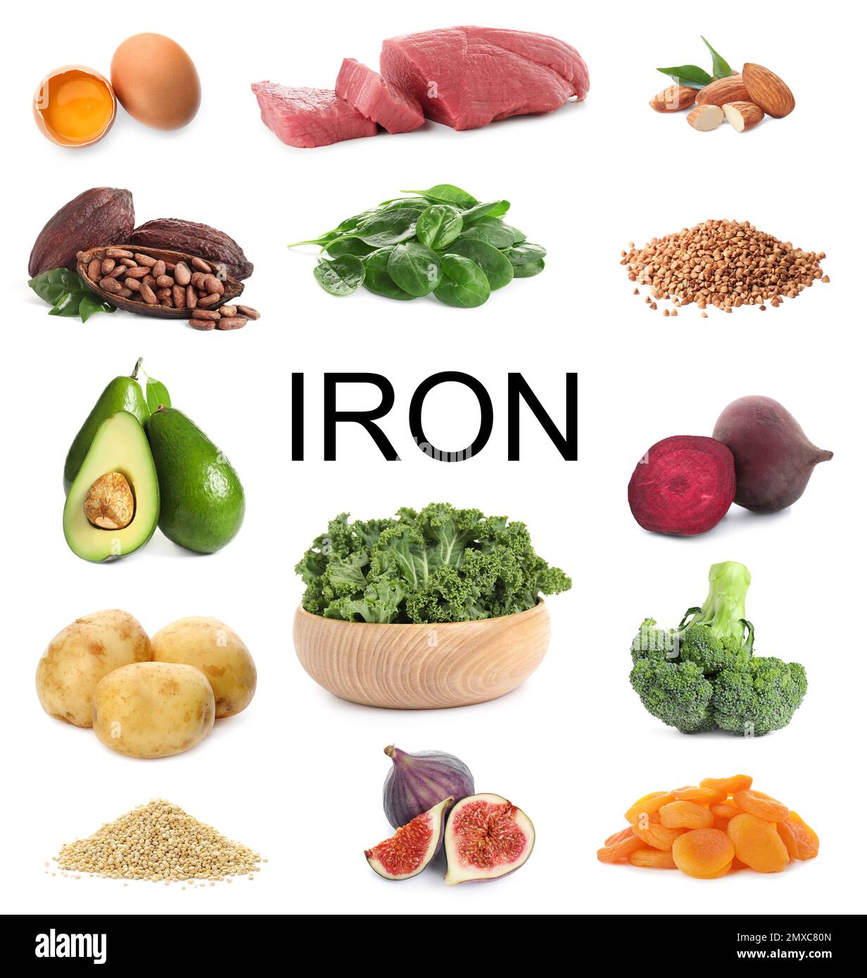 Set with fresh products rich in iron on white background Stock Photo