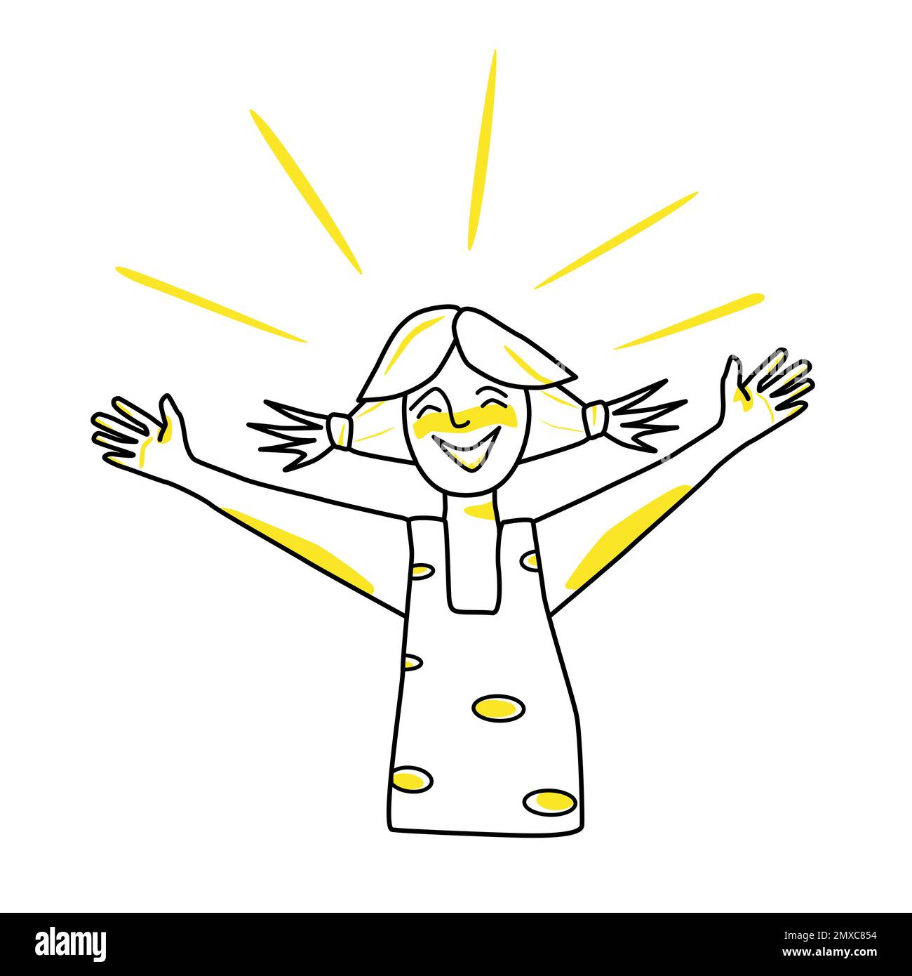 Happy girl, emotion of happiness. Joyful half body adolescent with ponytails haircut, good spirit of female child, hands to the sides. Line with yello Stock Vector