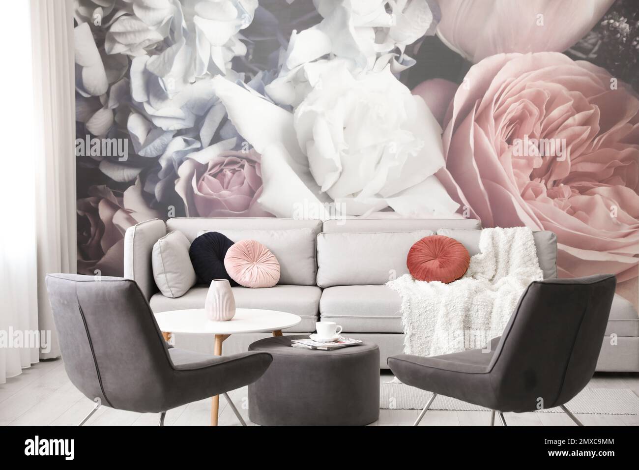Modern living room interior with comfortable sofa and armchairs Stock ...