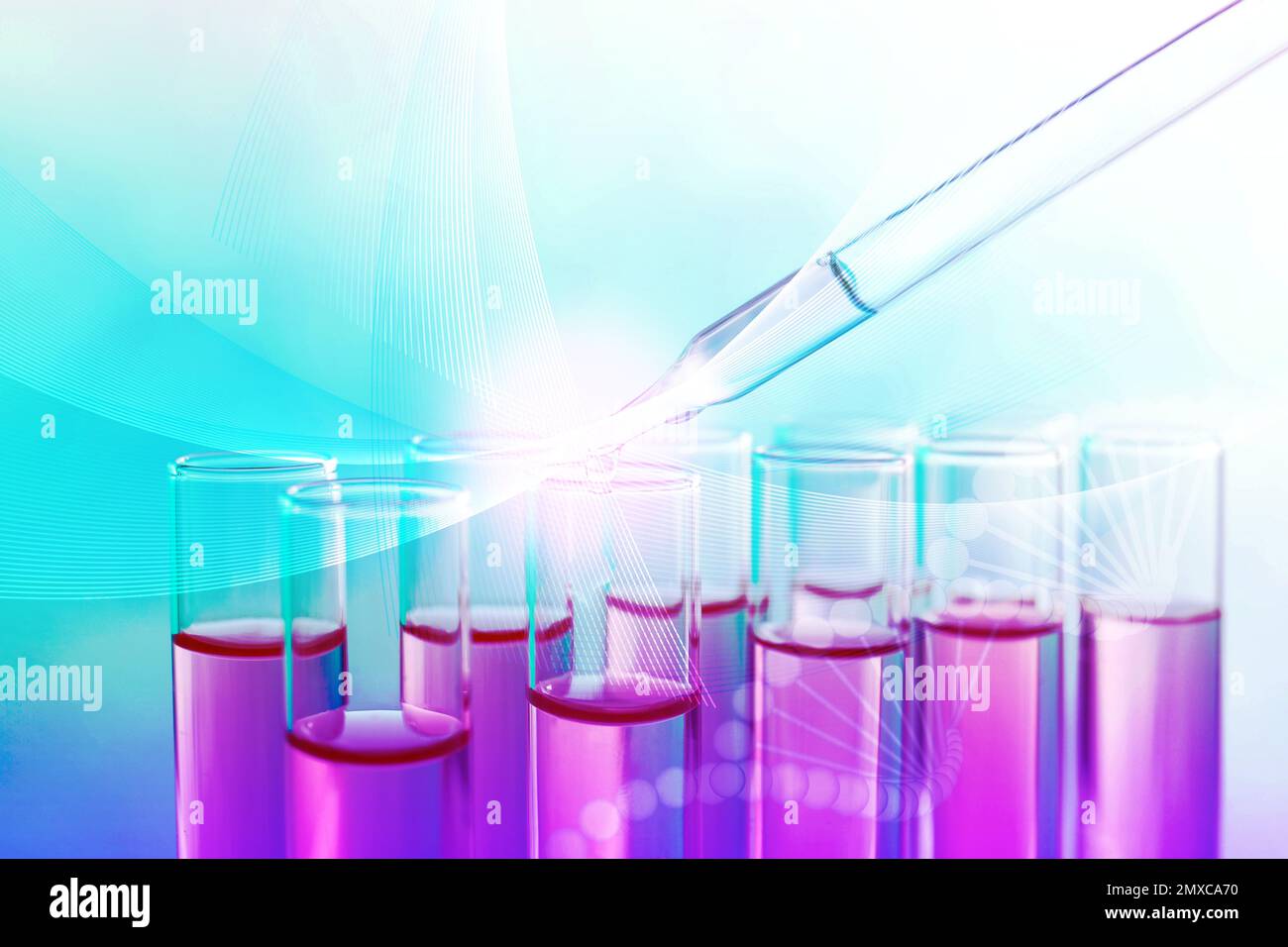 Dropping sample into test tube with liquid on color background, closeup