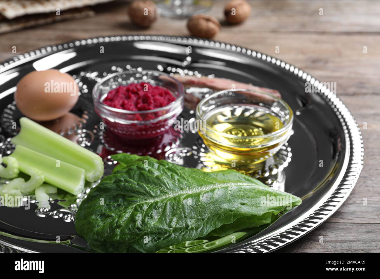 Closeup view of Passover Seder plate (keara) with traditional meal