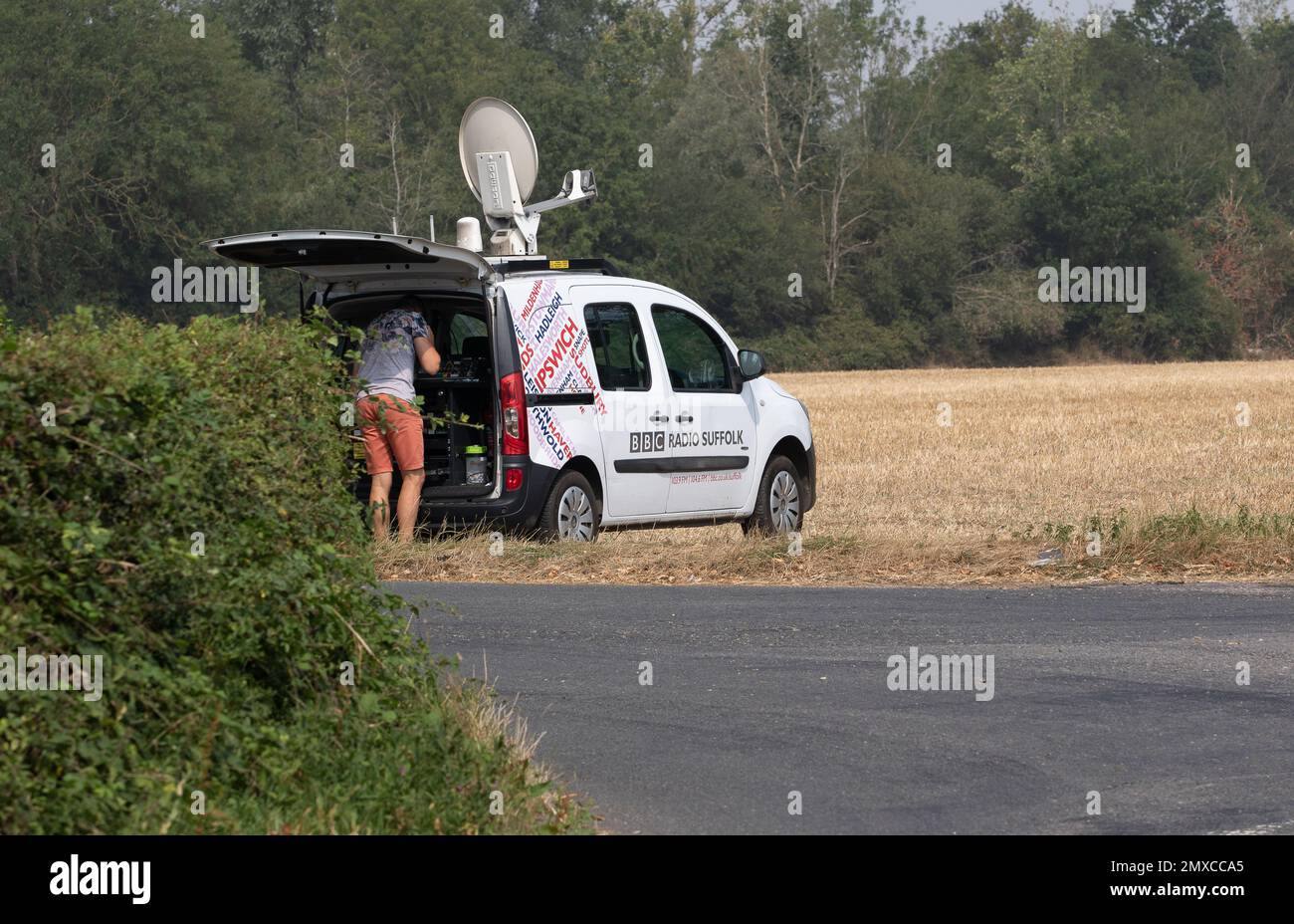 BBC Radio Suffolk outside broadcast van attending a large fire on a small industrial estate Parham Suffolk Stock Photo