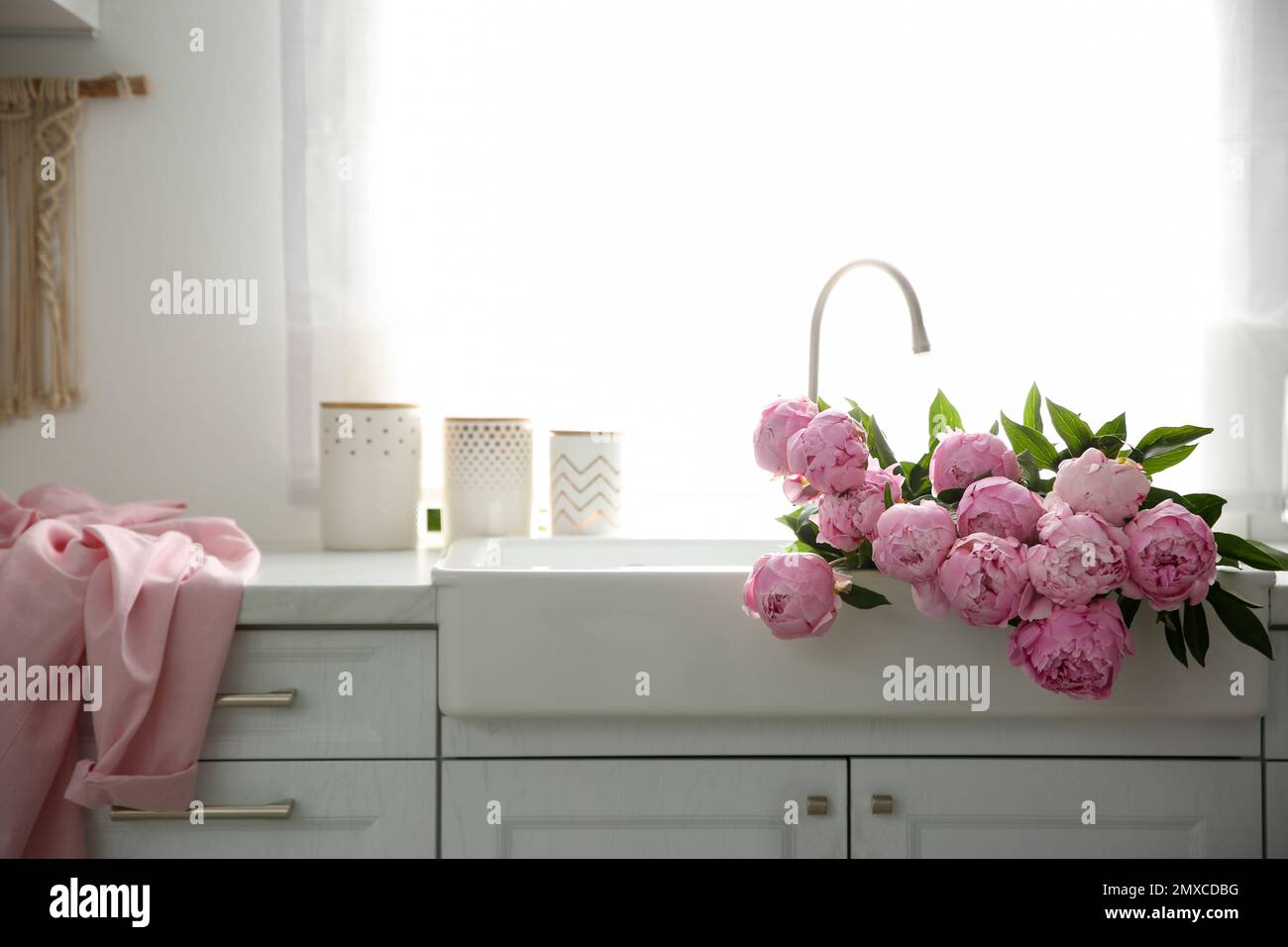 Bouquet of beautiful pink peonies in kitchen sink Stock Photo - Alamy