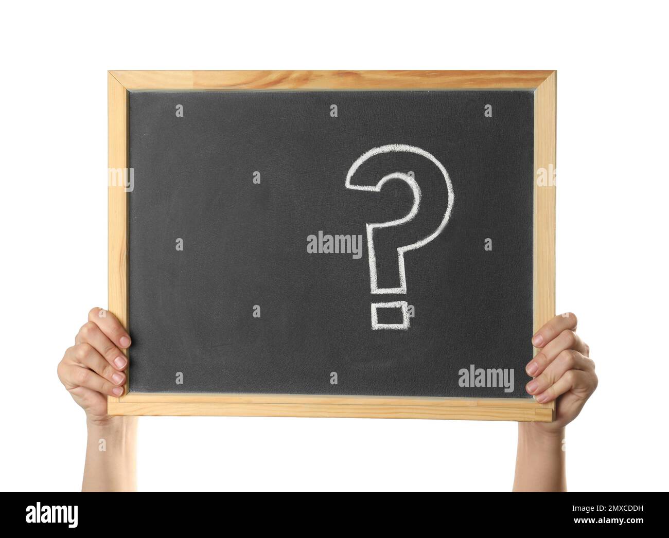 Woman holding blackboard with question mark on white background