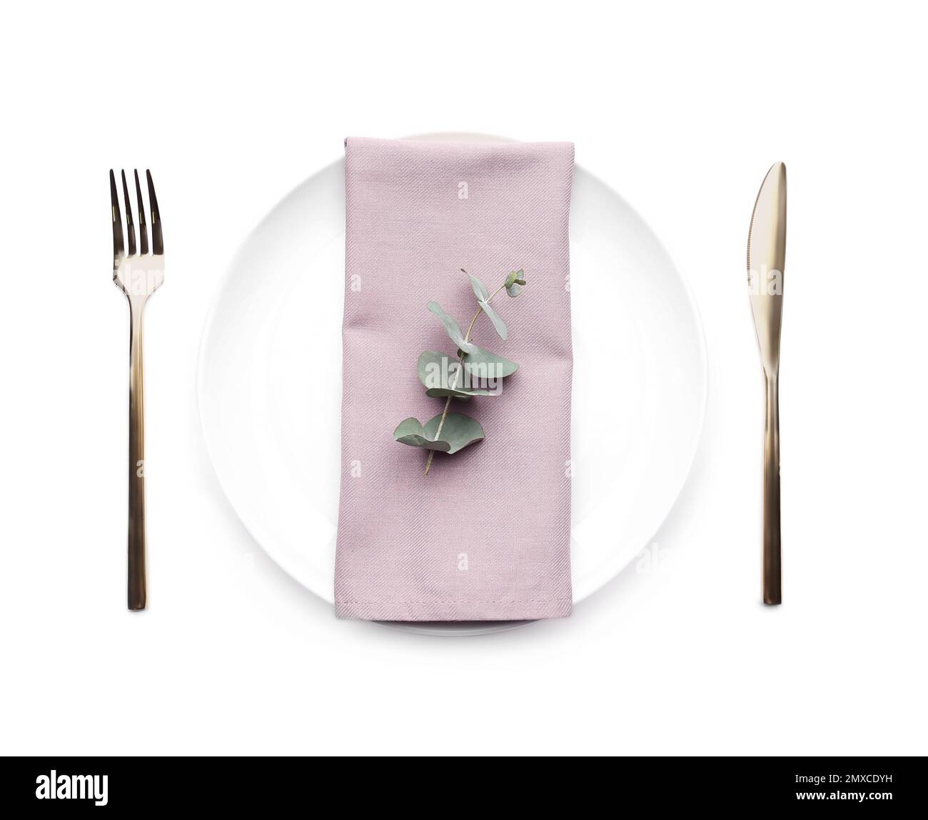 Stylish elegant table setting on white background, top view Stock Photo ...