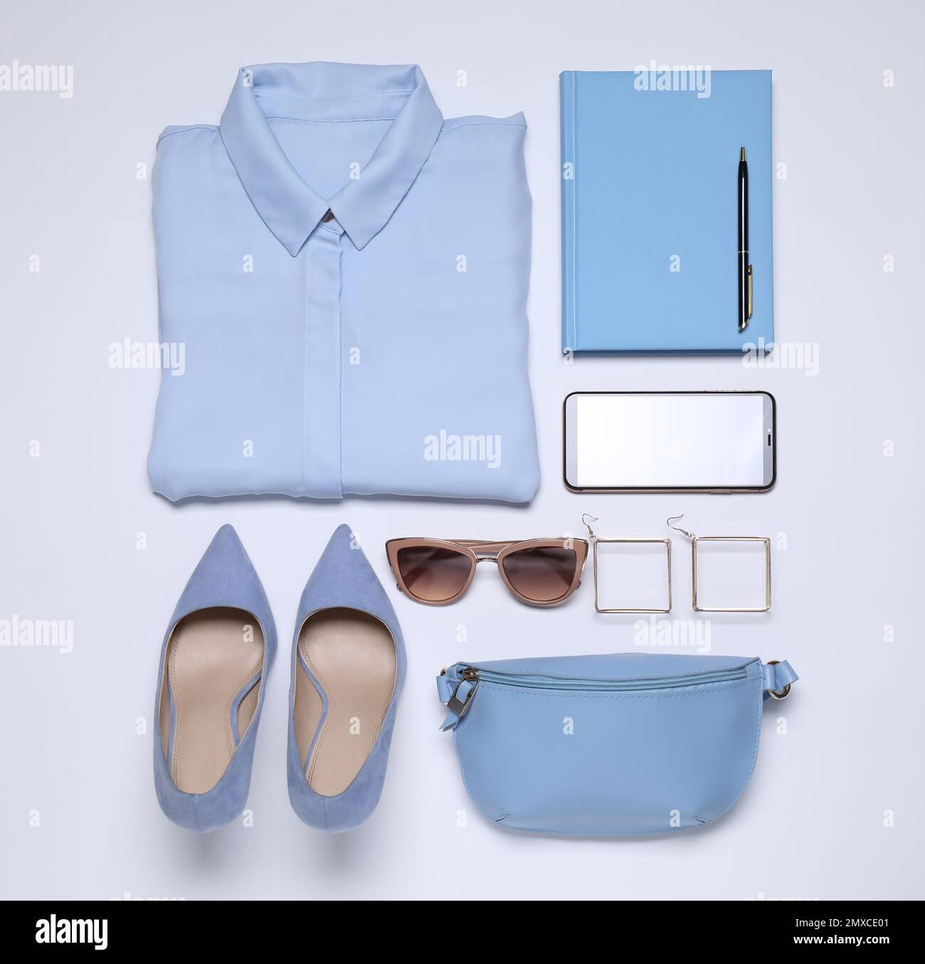 Flat lay composition with stylish clothes and accessories on white ...