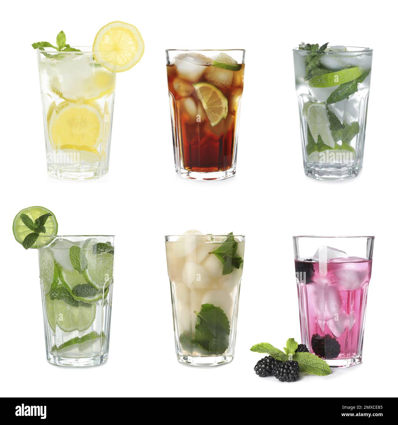 Set with different refreshing cocktails on white background Stock Photo