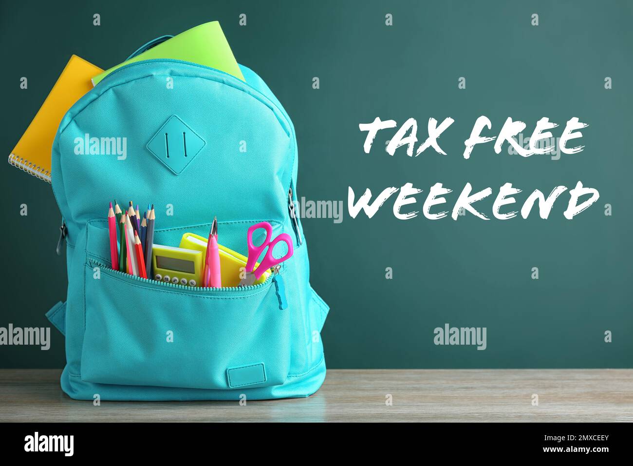 Backpack with school stationery and text TAX FREE WEEKEND written on