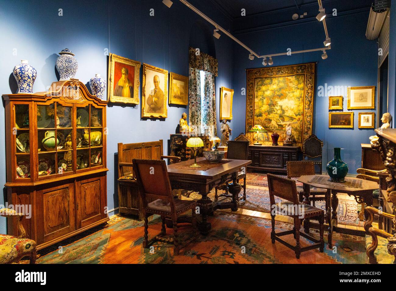Recreation of Villa Dalheim in Olden, home of collectors William Singer Jr and Anna Brugh Singer with antique furniture and art at Kode 4 museum, Berg Stock Photo