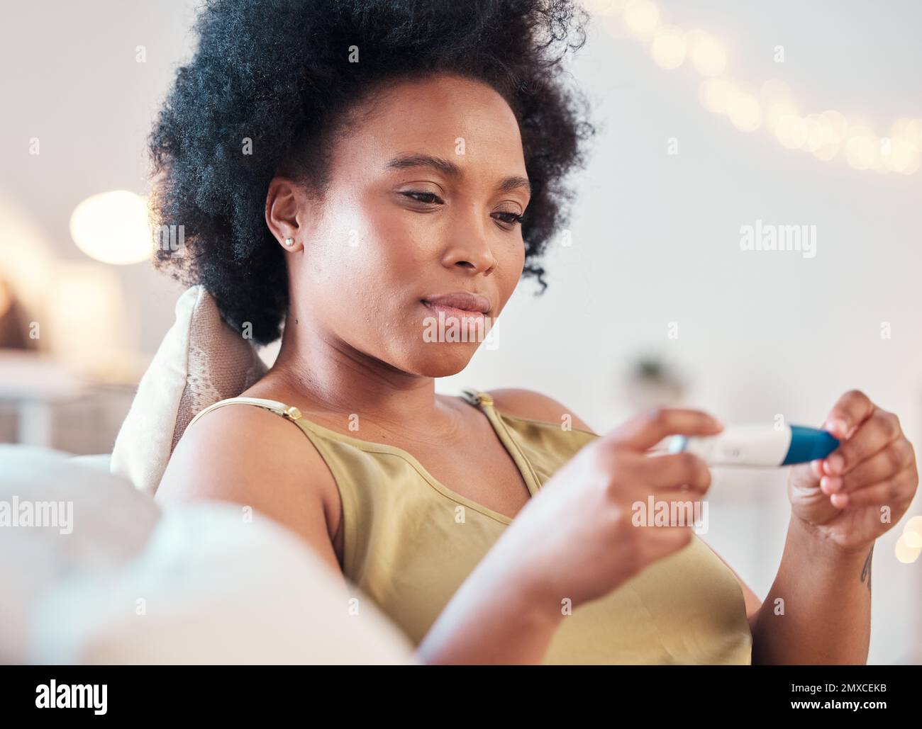 Black woman, pregnancy test and confused, nervous and waiting for