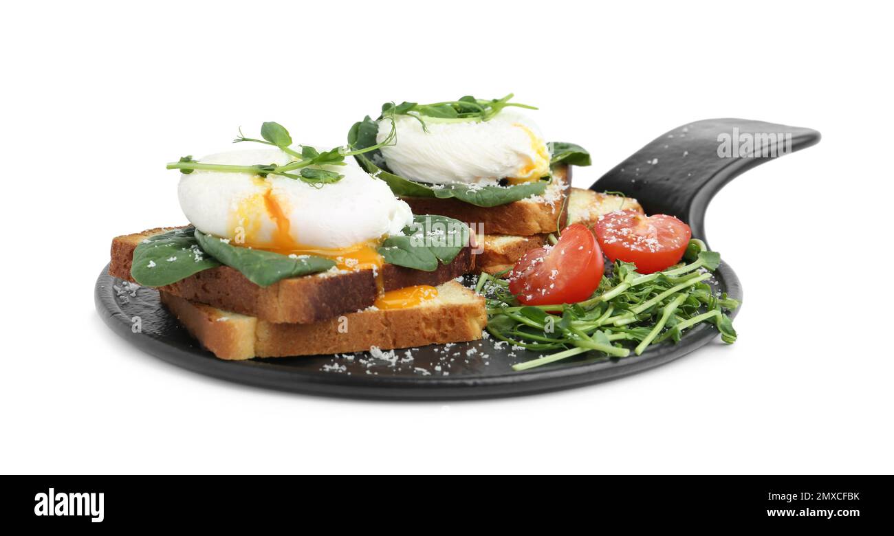 Delicious Poached Egg Sandwiches With Garnish Isolated On White Stock ...